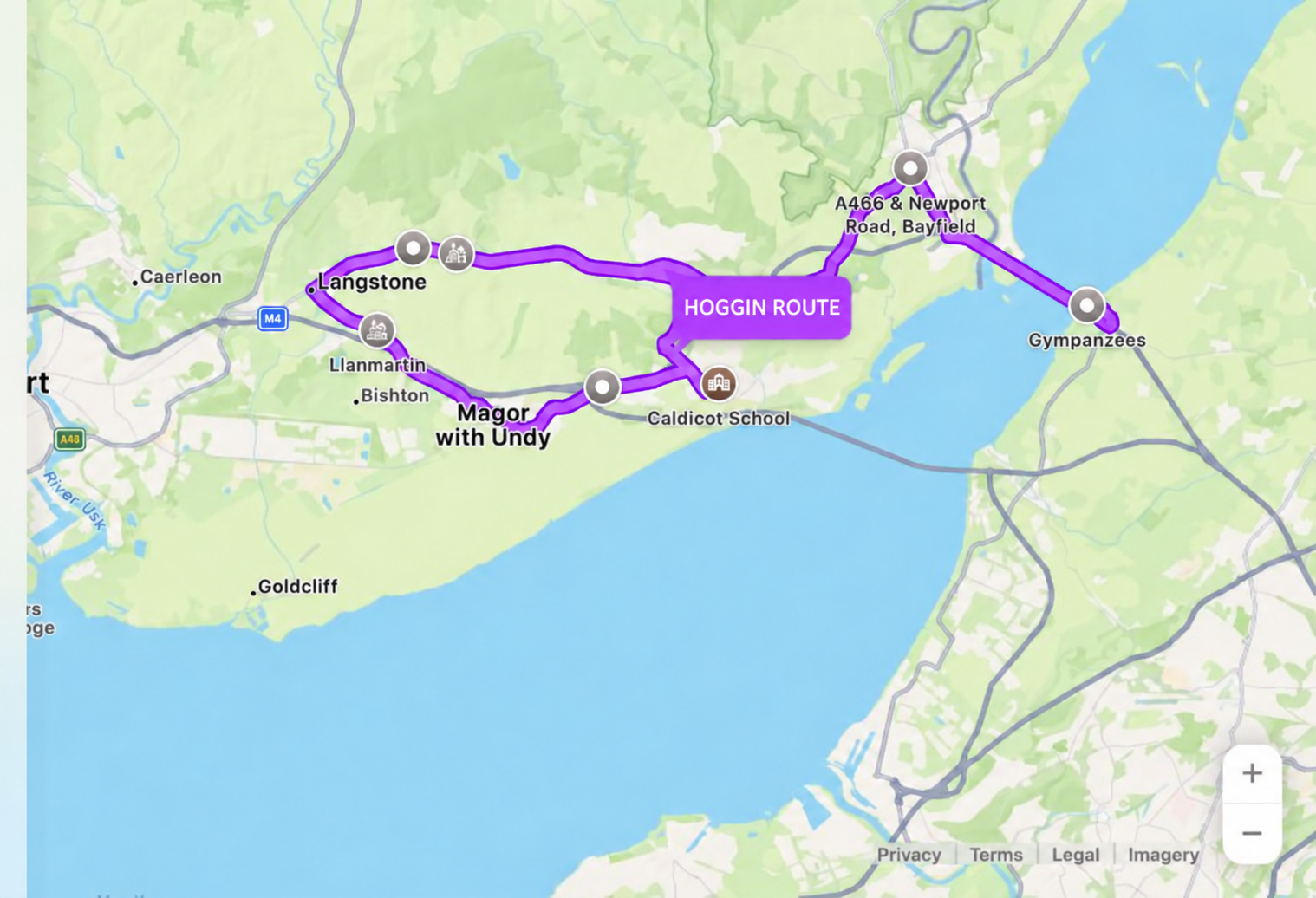 HOGGIN ROUTE highlighted in purple from Gympanzees to Caldicot School.